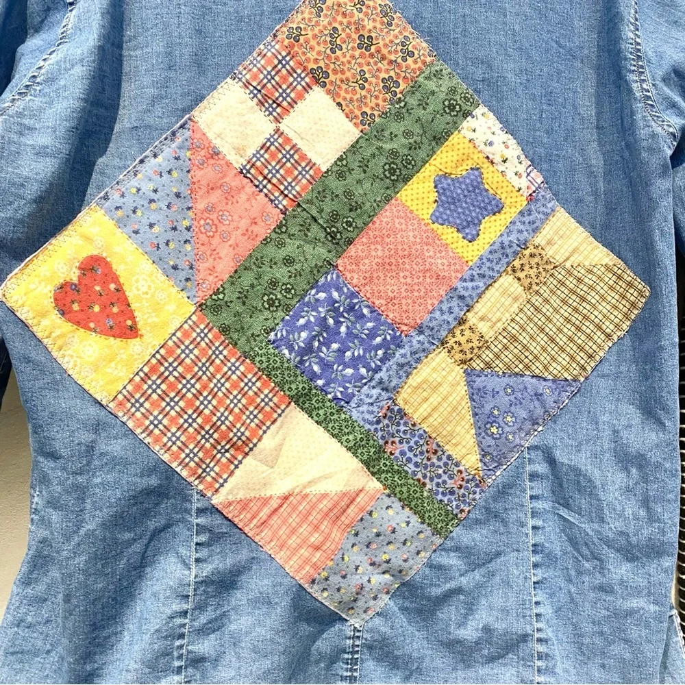 Upcycled patchwork vibe print on denim shirt w prairie country vibe - Picture 4 of 13
